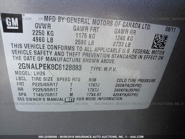 2GNALPEK8C6128083 - 2012 CHEVROLET EQUINOX LT GRAY photo 9