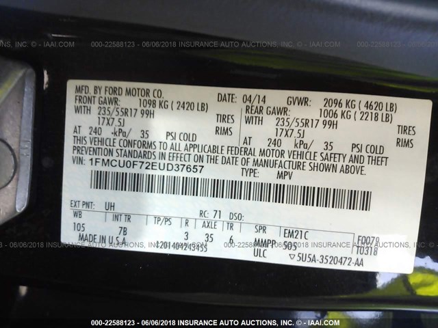 1FMCU0F72EUD37657 - 2014 FORD ESCAPE S BLACK photo 9