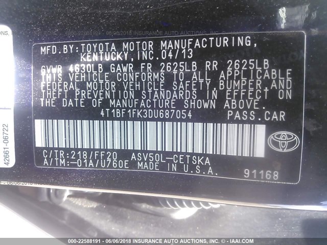 4T1BF1FK3DU687054 - 2013 TOYOTA CAMRY L/SE/LE/XLE 黑色 照片 9
