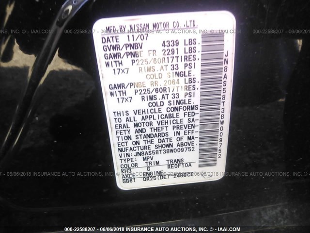 JN8AS58T38W009752 - 2008 NISSAN ROGUE S/SL BLACK photo 9