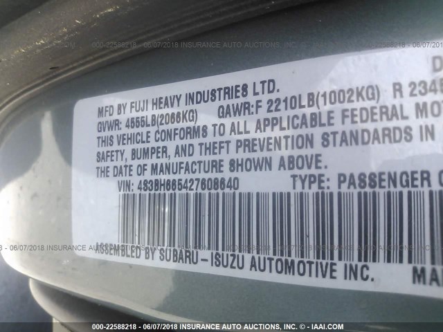 4S3BH665427608640 - 2002 SUBARU LEGACY OUTBACK 绿色 照片 9