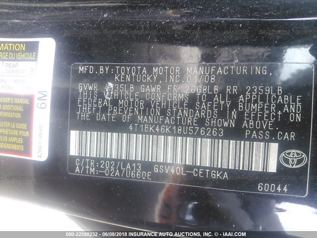 4T1BK46K18U576263 - 2008 TOYOTA CAMRY LE/XLE/SE შავი ფოტო 9