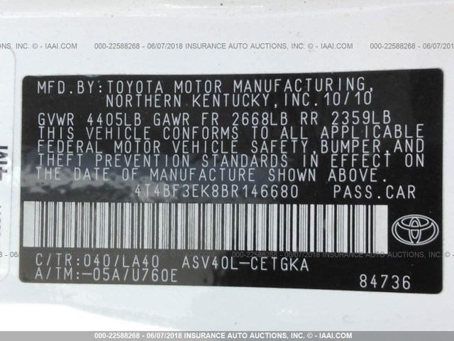 4T4BF3EK8BR146680 - 2011 TOYOTA CAMRY SE/LE/XLE WHITE photo 9