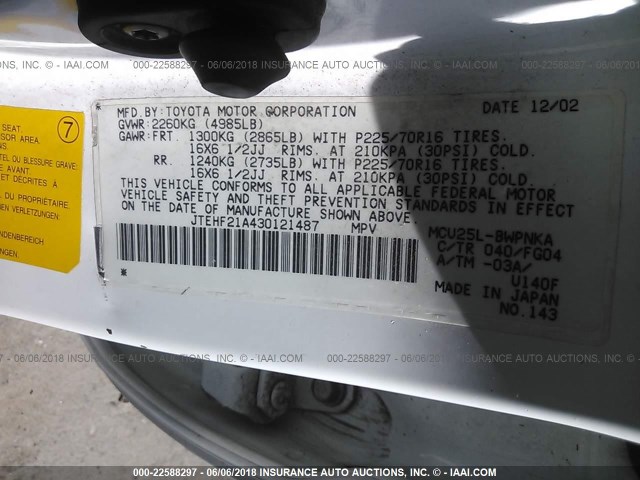 JTEHF21A430121487 - 2003 TOYOTA HIGHLANDER LIMITED WHITE photo 9