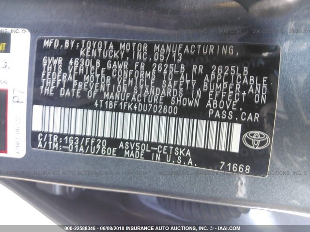 4T1BF1FK4DU702600 - 2013 TOYOTA CAMRY L/SE/LE/XLE 灰色 照片 9