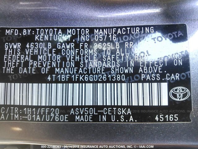 4T1BF1FK6GU261380 - 2016 TOYOTA CAMRY LE/XLE/SE/XSE GRAY photo 9