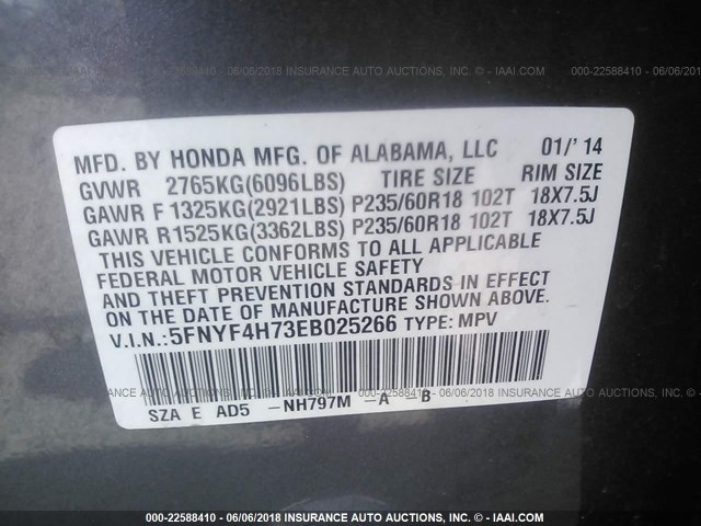 5FNYF4H73EB025266 - 2014 HONDA PILOT EXLN GRAY photo 9