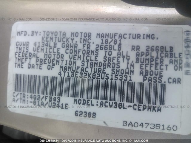 4T1BE32K82U515331 - 2002 TOYOTA CAMRY LE/XLE/SE ოქროსფერი ფოტო 9