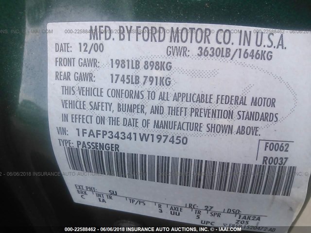 1FAFP34341W197450 - 2001 FORD FOCUS SE/SE SPORT GREEN photo 9