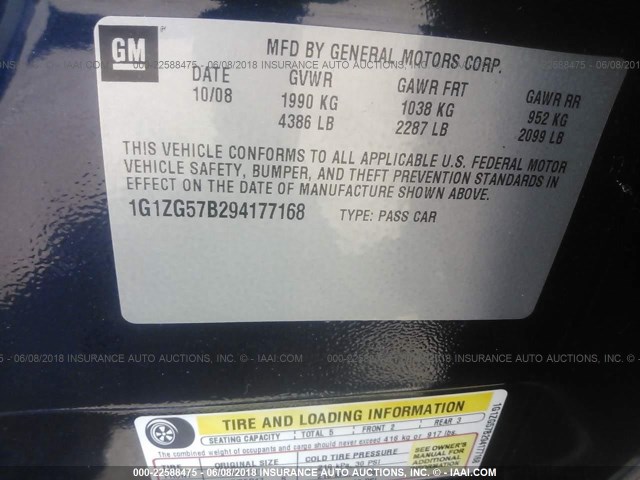 1G1ZG57B294177168 - 2009 CHEVROLET MALIBU LS ლურჯი ფოტო 9