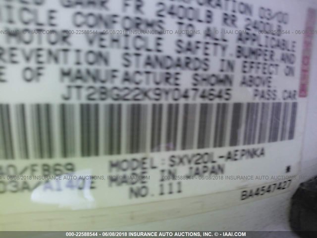 JT2BG22K9Y0474645 - 2000 TOYOTA CAMRY CE/LE/XLE WHITE photo 9