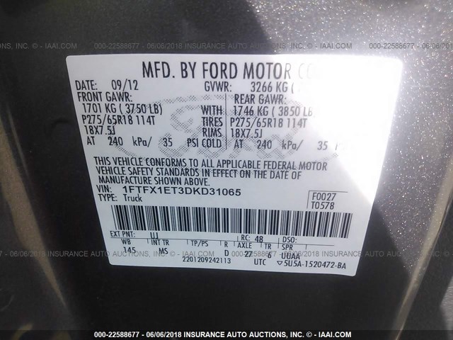 1FTFX1ET3DKD31065 - 2013 FORD F150 SUPER CAB GRAY photo 9