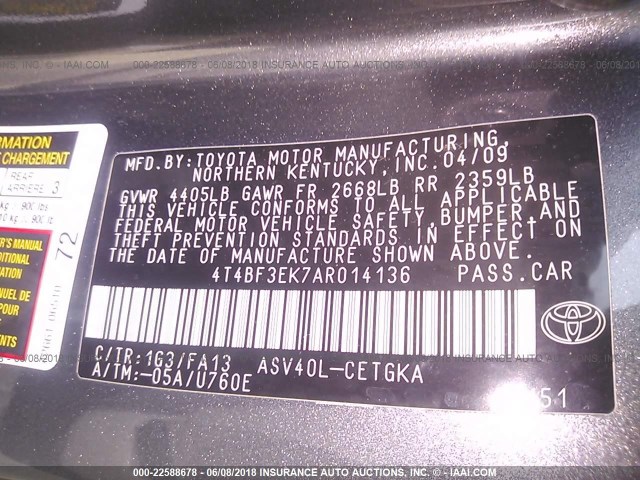 4T4BF3EK7AR014136 - 2010 TOYOTA CAMRY SE/LE/XLE ნაცრისფერი ფოტო 9