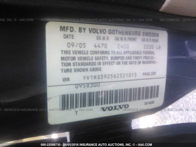 YV1RS592562521015 - 2006 VOLVO S60 2.5T BLUE photo 9