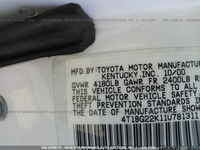 4T1BG22K11U781311 - 2001 TOYOTA CAMRY CE/LE/XLE 白色 照片 9