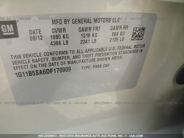 1G11B5SA6DF170909 - 2013 CHEVROLET MALIBU LS BEIGE photo 9