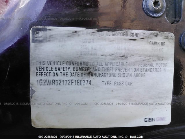 1G2WR52172F180374 - 2002 PONTIAC GRAND PRIX GTP იასამნისფერი ფოტო 9