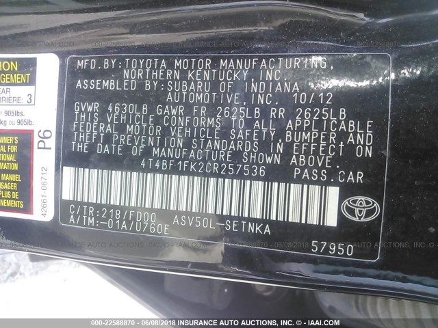 4T4BF1FK2CR257536 - 2012 TOYOTA CAMRY SE/LE/XLE 黑色 照片 9