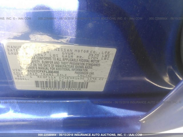 3N1CE2CPXFL356408 - 2015 NISSAN VERSA NOTE S/S PLUS/SV/SL/SR BLUE photo 9
