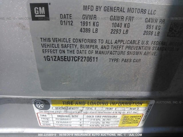 1G1ZA5EU7CF270611 - 2012 CHEVROLET MALIBU LS SILVER photo 9