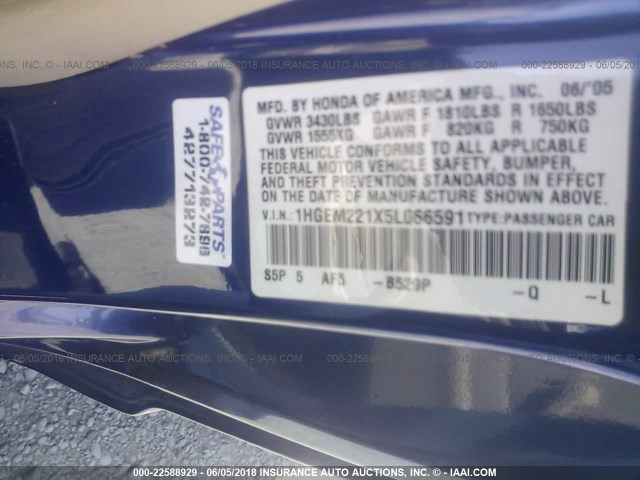 1HGEM221X5L066591 - 2005 HONDA CIVIC DX VP BLUE photo 9