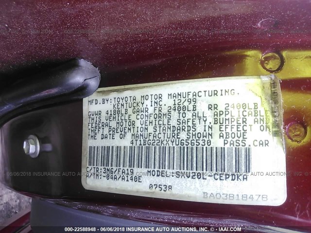 4T1BG22KXYU656530 - 2000 TOYOTA CAMRY CE/LE/XLE BURGUNDY photo 9