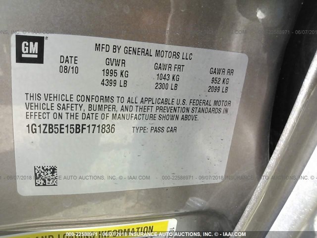 1G1ZB5E15BF171836 - 2011 CHEVROLET MALIBU LS BROWN photo 9