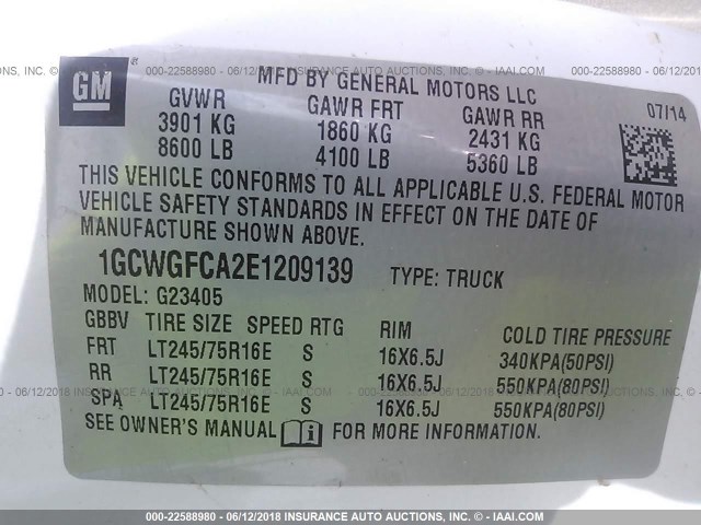 1GCWGFCA2E1209139 - 2014 CHEVROLET EXPRESS G2500  WHITE photo 9