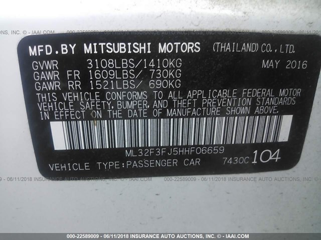 ML32F3FJ5HHF06659 - 2017 MITSUBISHI MIRAGE G4 ES თეთრი ფოტო 9