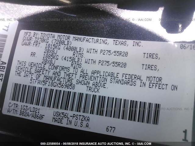 5TFAY5F18GX569058 - 2016 TOYOTA TUNDRA CREWMAX 1794/PLATINUM 灰色 照片 9
