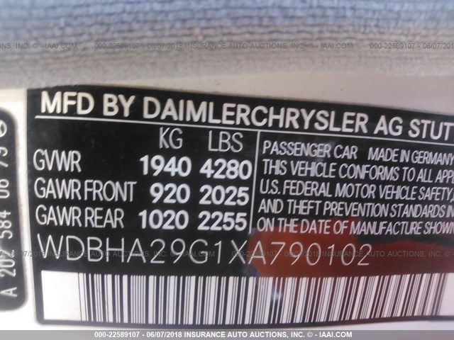 WDBHA29G1XA790102 - 1999 MERCEDES-BENZ C 280 WHITE photo 9