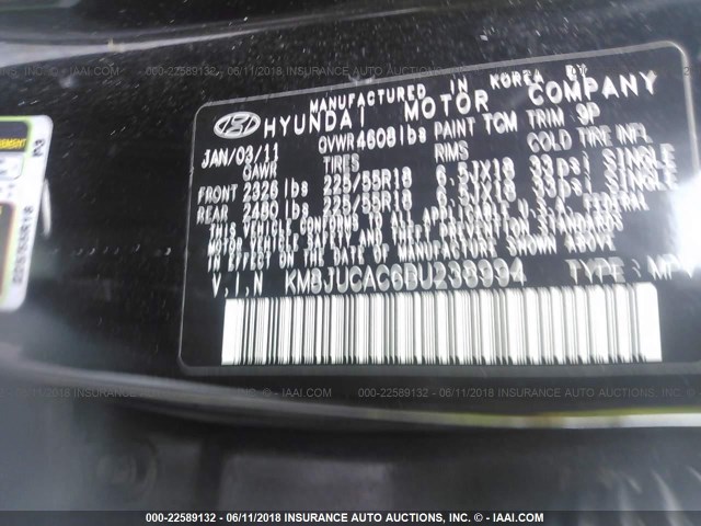 KM8JUCAC6BU238994 - 2011 HYUNDAI TUCSON GLS/LIMITED 黑色 照片 9