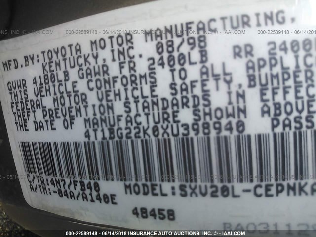 4T1BG22K0XU398940 - 1999 TOYOTA CAMRY CE/LE/XLE BROWN photo 9