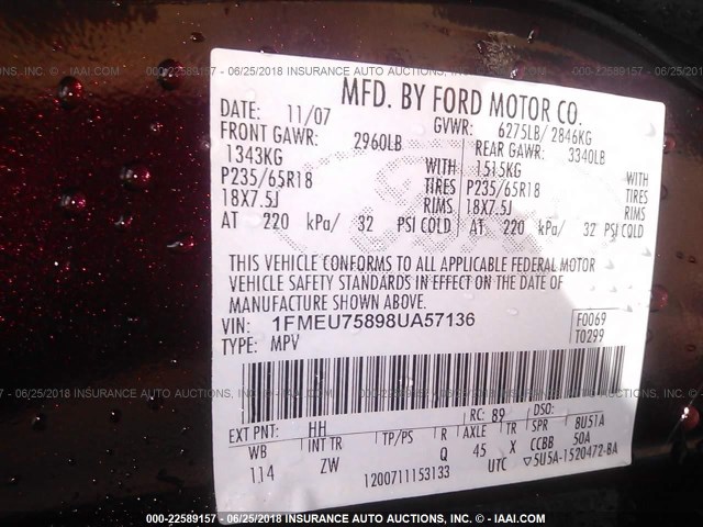 1FMEU75898UA57136 - 2008 FORD EXPLORER LIMITED 紫色 照片 9