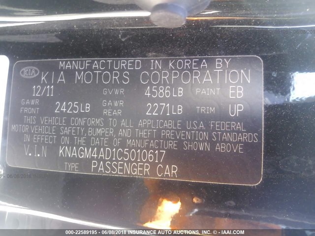 KNAGM4AD1C5010617 - 2012 KIA OPTIMA HYBRID BLACK photo 9