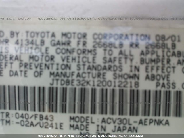 JTDBE32K120012218 - 2002 TOYOTA CAMRY LE/XLE/SE თეთრი ფოტო 9