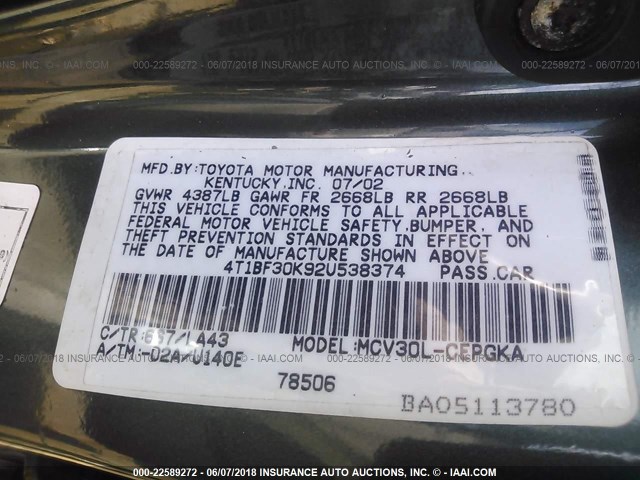 4T1BF30K92U538374 - 2002 TOYOTA CAMRY LE/XLE/SE 绿色 照片 9