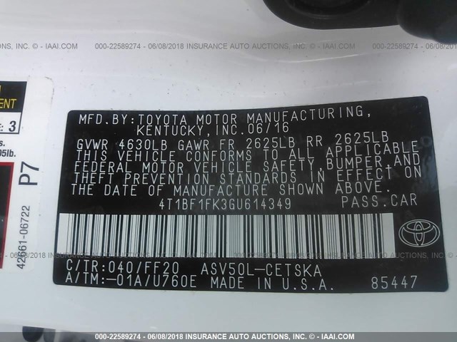 4T1BF1FK3GU614349 - 2016 TOYOTA CAMRY LE/XLE/SE/XSE WHITE photo 9