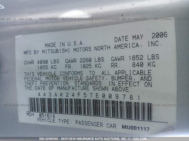 4A3AK24F57E009781 - 2007 MITSUBISHI ECLIPSE GS SILVER photo 9