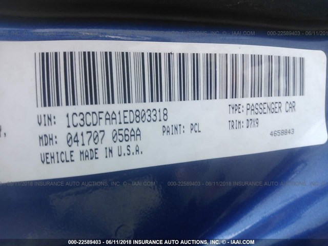 1C3CDFAA1ED803318 - 2014 DODGE DART SE BLUE photo 9