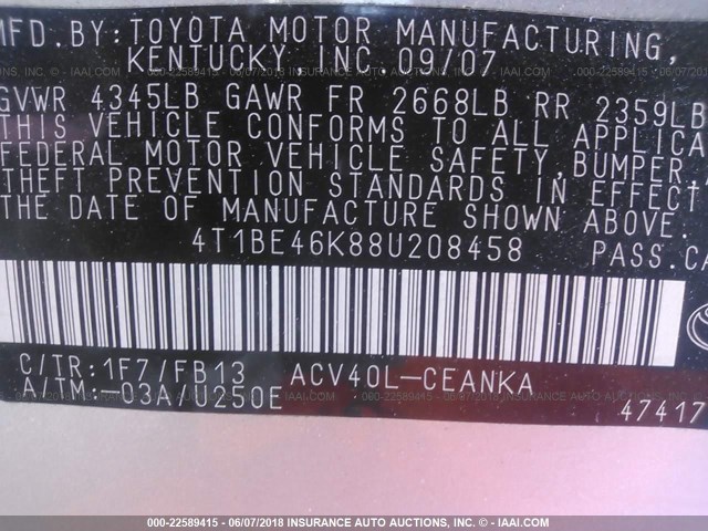 4T1BE46K88U208458 - 2008 TOYOTA CAMRY CE/LE/XLE/SE SILVER photo 9