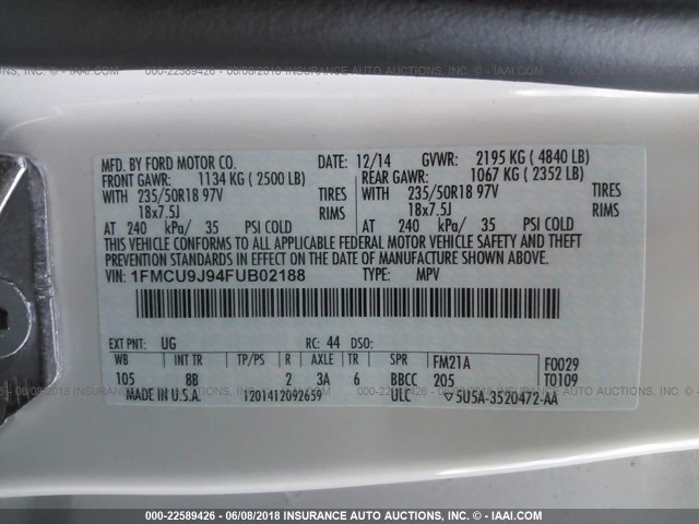 1FMCU9J94FUB02188 - 2015 FORD ESCAPE TITANIUM WHITE photo 9