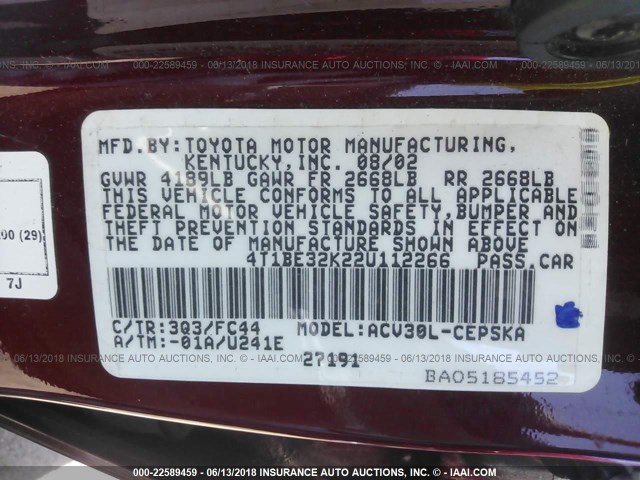 4T1BE32K22U112266 - 2002 TOYOTA CAMRY LE/XLE/SE წითელი ფოტო 9