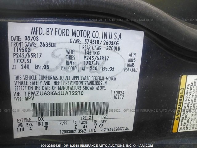 1FMZU63K64UA12210 - 2004 FORD EXPLORER XLT/XLT SPORT/NBX 蓝色 照片 9