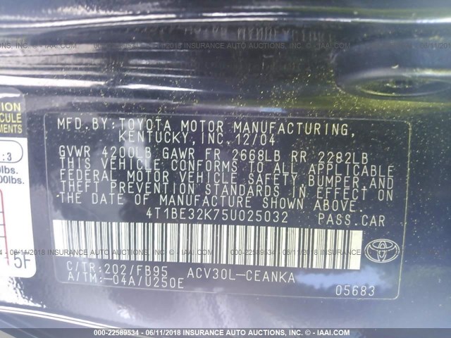 4T1BE32K75U025032 - 2005 TOYOTA CAMRY LE/XLE/SE შავი ფოტო 9