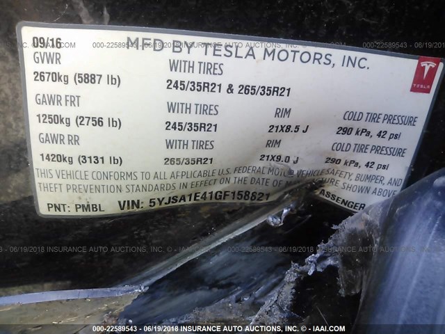 5YJSA1E41GF158821 - 2016 TESLA MODEL S BLACK photo 9