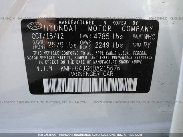 KMHFG4JG6DA215676 - 2013 HYUNDAI AZERA WHITE photo 9