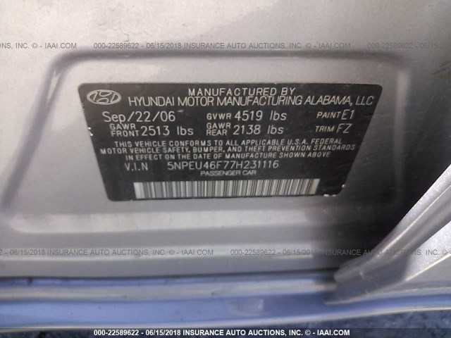 5NPEU46F77H231116 - 2007 HYUNDAI SONATA SE/LIMITED GRAY photo 9