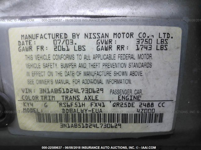 3N1AB51D24L730629 - 2004 NISSAN SENTRA SE-R SPEC V SILVER photo 9