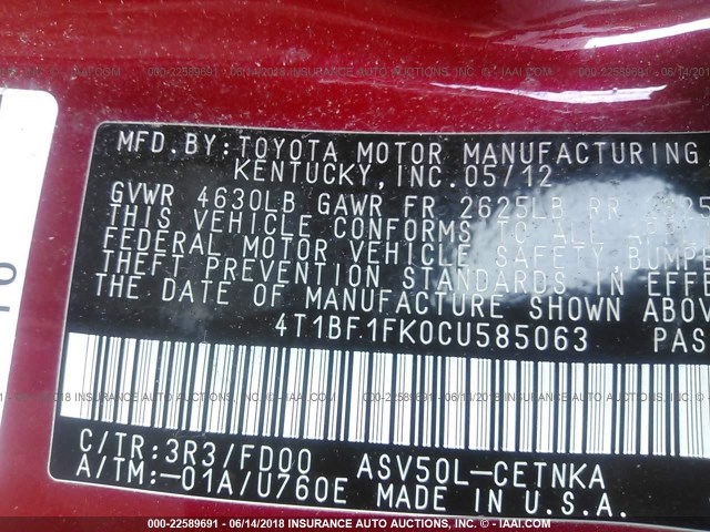 4T1BF1FK0CU585063 - 2012 TOYOTA CAMRY SE/LE/XLE RED photo 9